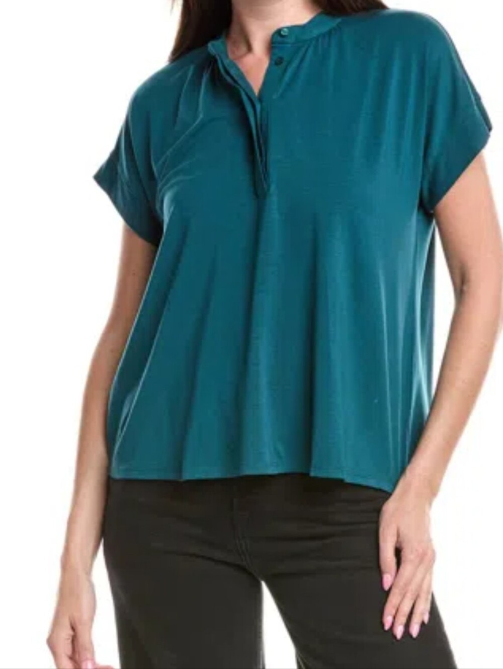 EILEEN FISHER Mandarin Collar Henley Top Women's Green Minimalist